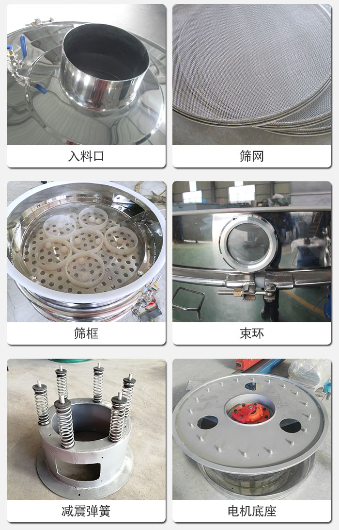醫(yī)藥振動篩有電機底座，減震彈簧，束環(huán)，篩框，入料口，篩網(wǎng)等部件展示。