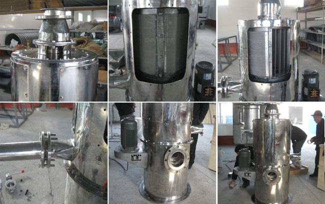 小型立式氣流篩細節：立式氣流篩篩網，立式氣流篩出料口，立式氣流篩電機。