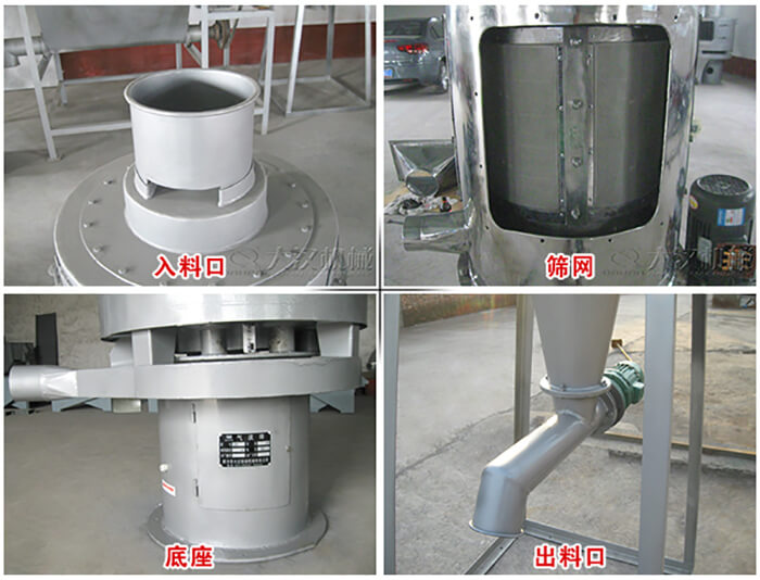 氣流篩部件展示：入料口，篩網，底座，出料口等。