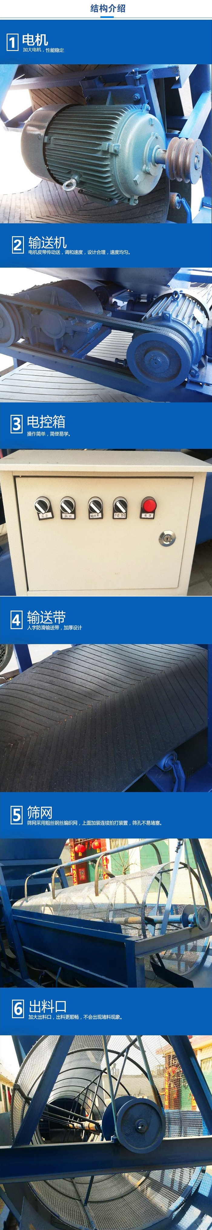 移動(dòng)篩沙機(jī)結(jié)構(gòu):電機(jī)，加大電機(jī)，性能相對比較穩(wěn)定。輸送機(jī)：電機(jī)皮帶傳動(dòng)送，調(diào)和速度，設(shè)計(jì)合理，速度均勻。電控箱：操作簡單，簡便易學(xué)。輸送帶：人字防滑輸送帶，加厚設(shè)計(jì)。篩網(wǎng)，采用粗絲鋼絲編織而成的篩網(wǎng)，上面加裝連續(xù)拍打裝置，篩孔不易堵塞。出料口：加大出料口，出料更順暢，不會(huì)出現(xiàn)堵料現(xiàn)象。