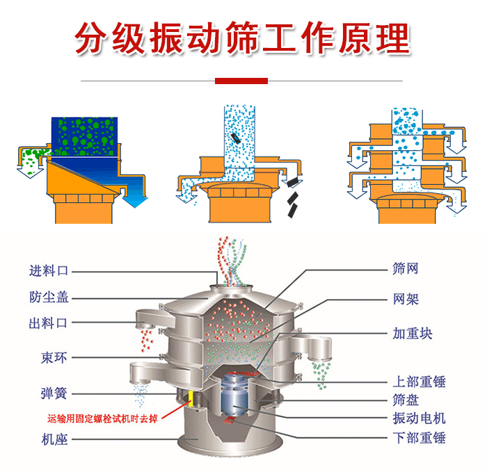 分級(jí)振動(dòng)篩內(nèi)部結(jié)構(gòu)：進(jìn)料口，防塵蓋，出料口，束環(huán)，彈簧，機(jī)座，篩網(wǎng)，網(wǎng)架，上部重錘，振動(dòng)電機(jī)，下部重錘。