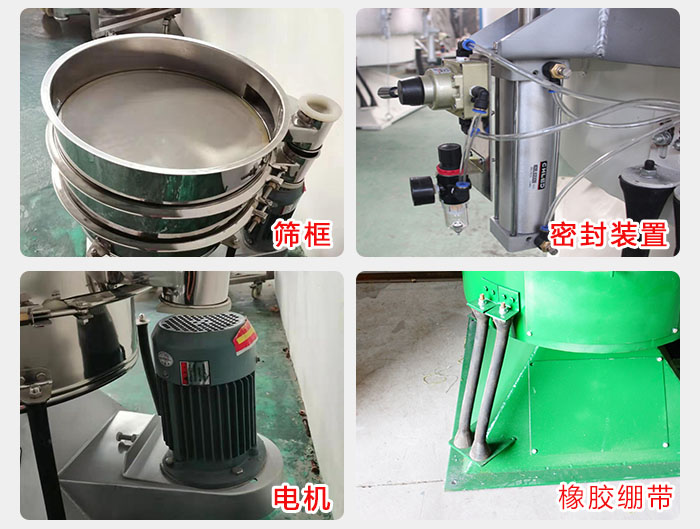 搖擺篩結構：電機，橡膠繃帶，篩框，密封裝置等。